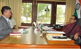 H.E. Governor with Secretary Sports and Youth Affairs Shri Dani Salu and Director Sports Shri Tadar Appa discussing on Governor Trophies for State level games and sports competitions, at Raj Bhavan, Itanagar on 8th April 2016.